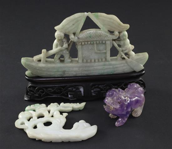 Two Chinese jadeite carvings and an amethyst quartz figure of a lion-dog, 20th century, 6.2cm
